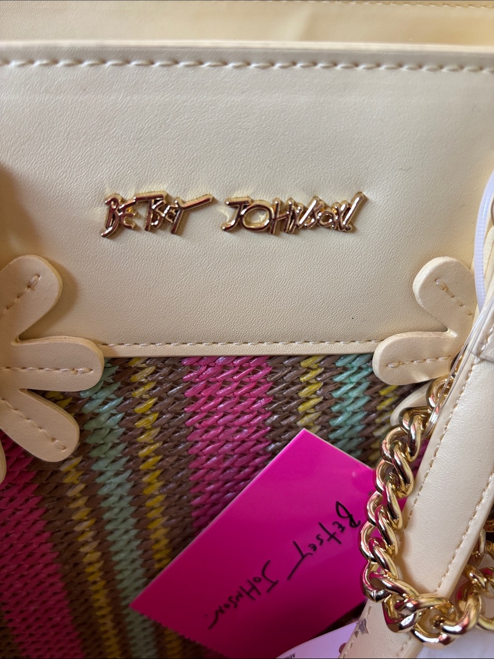Yellow Multicolor Striped Tote Bag with Floral Charm - Picture 5 of 6